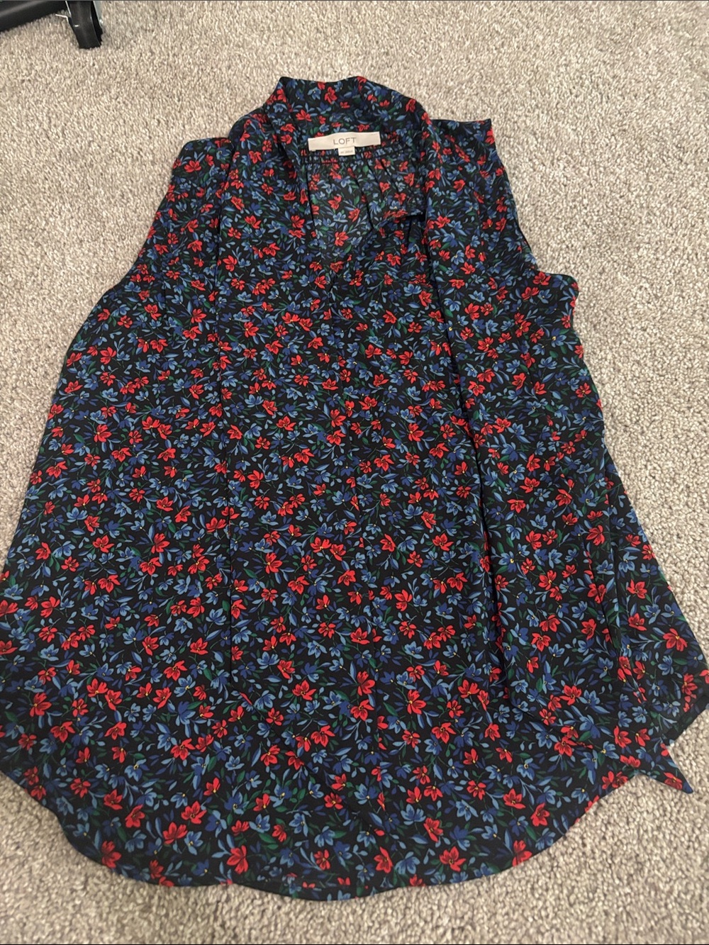 LOFT Black Floral V-Neck Sleeveless Camisole with Red & Blue Flowers